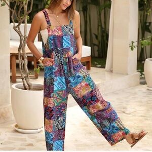 Womens Patchwork Overalls Loose Bib Wide Leg Floral Print Jumpsuit